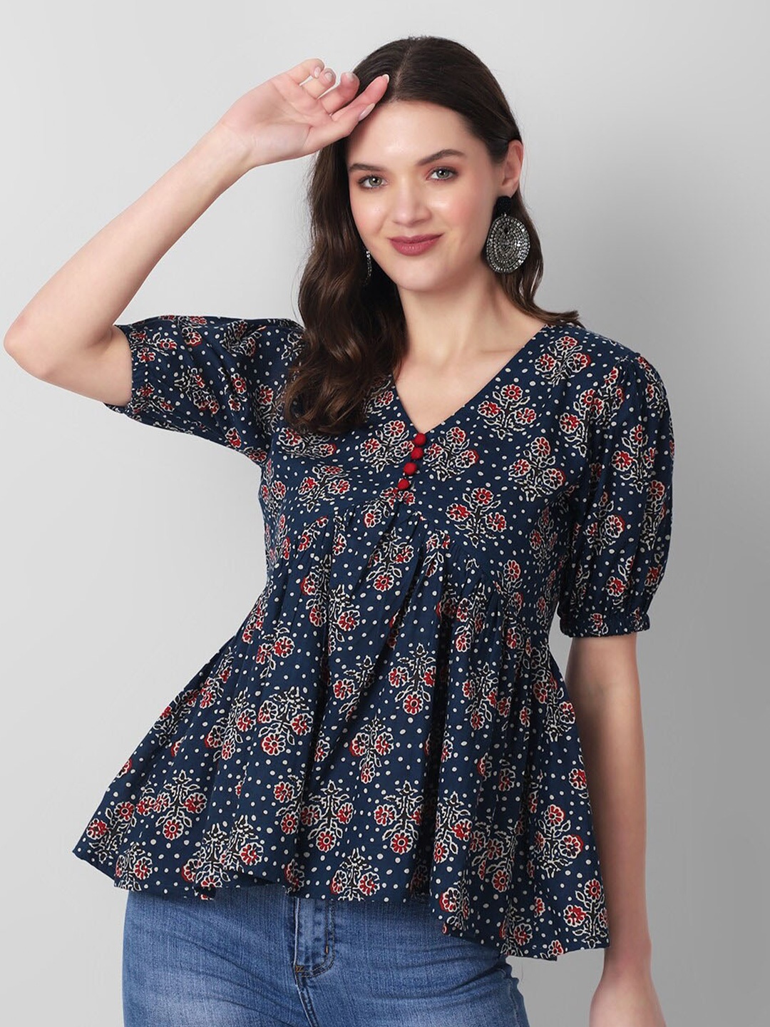 

Haute and Humble Floral Printed Empire Pure Cotton Top, Navy blue