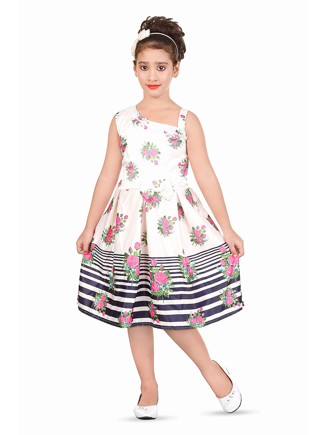

BAESD Girls Floral Printed One Shoulder Pleated Fit & Flare Dress, White