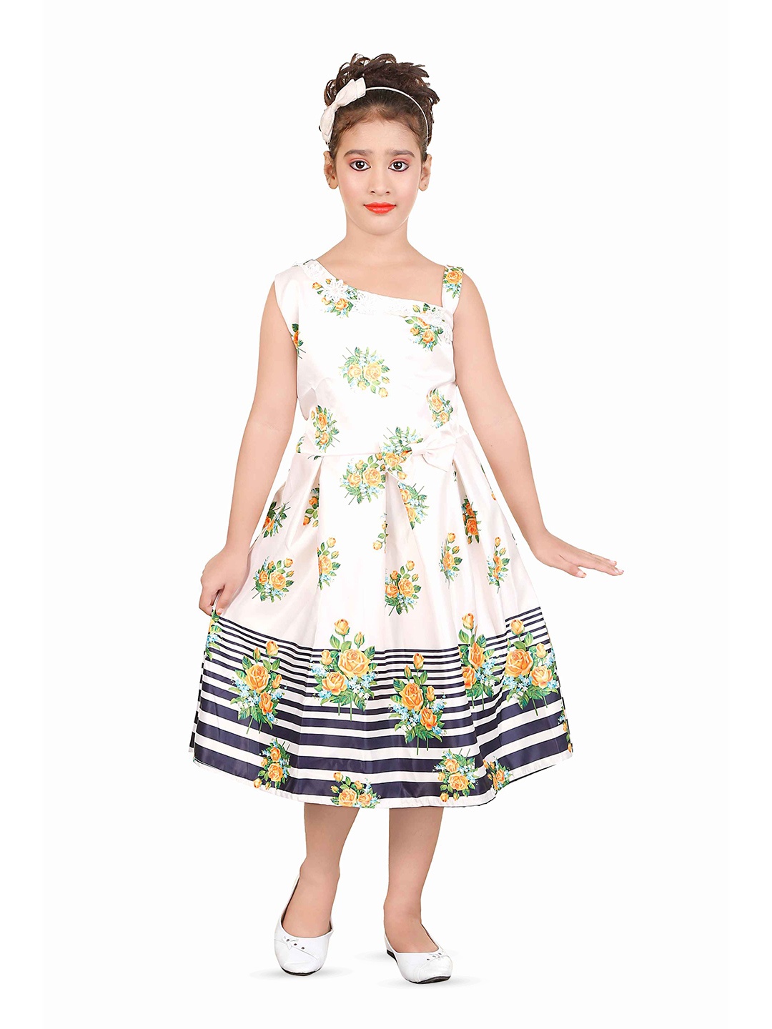 

BAESD Girls Floral Printed One Shoulder Pleated Fit & Flare Dress, Yellow