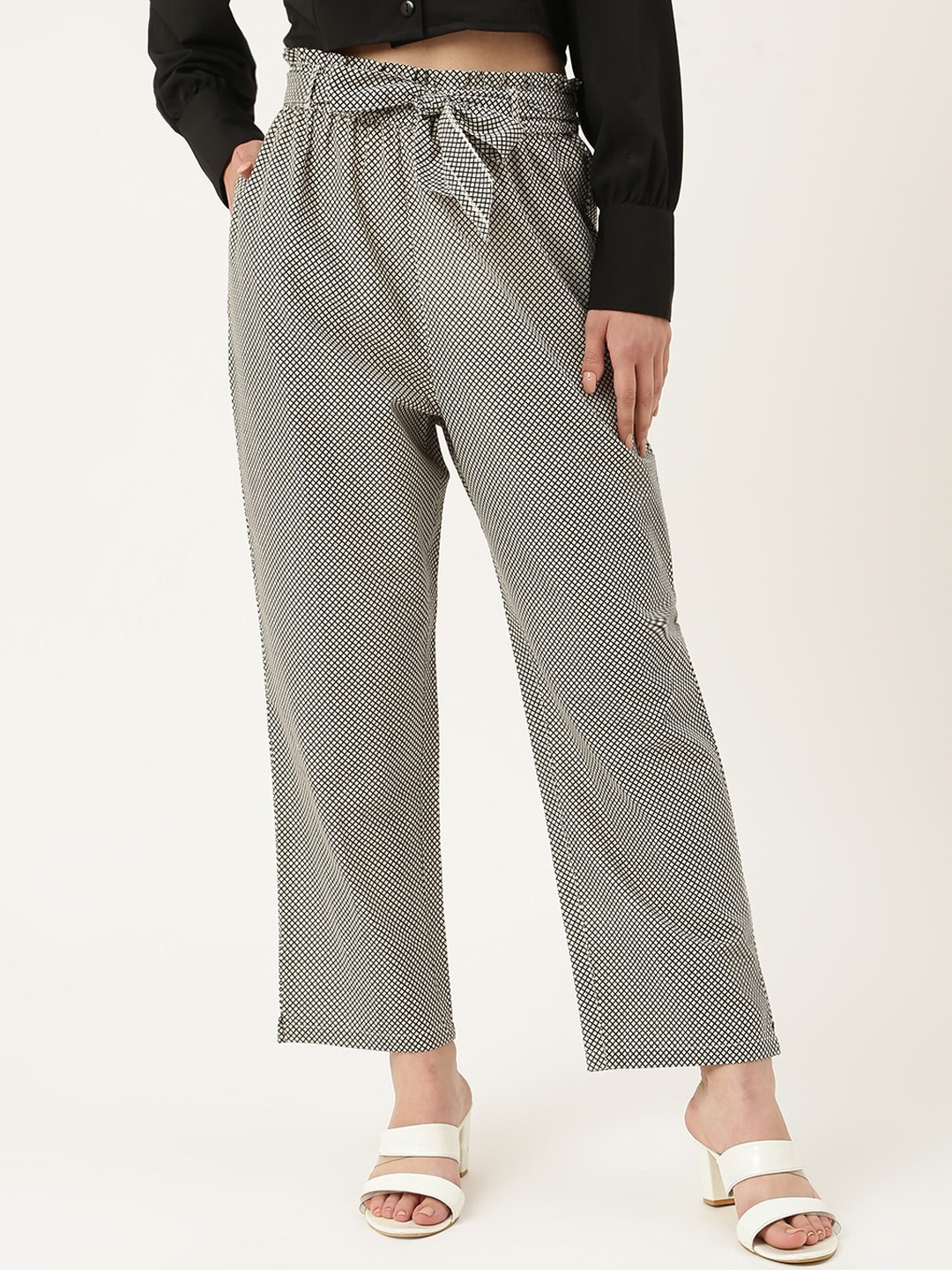 

KALINI Checked Relaxed Wrinkle Free Trousers, Black