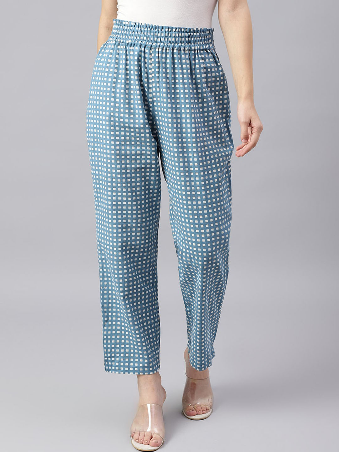 

KALINI Women Geometric Printed Relaxed High-Rise Easy Wash Cotton Trousers, Blue