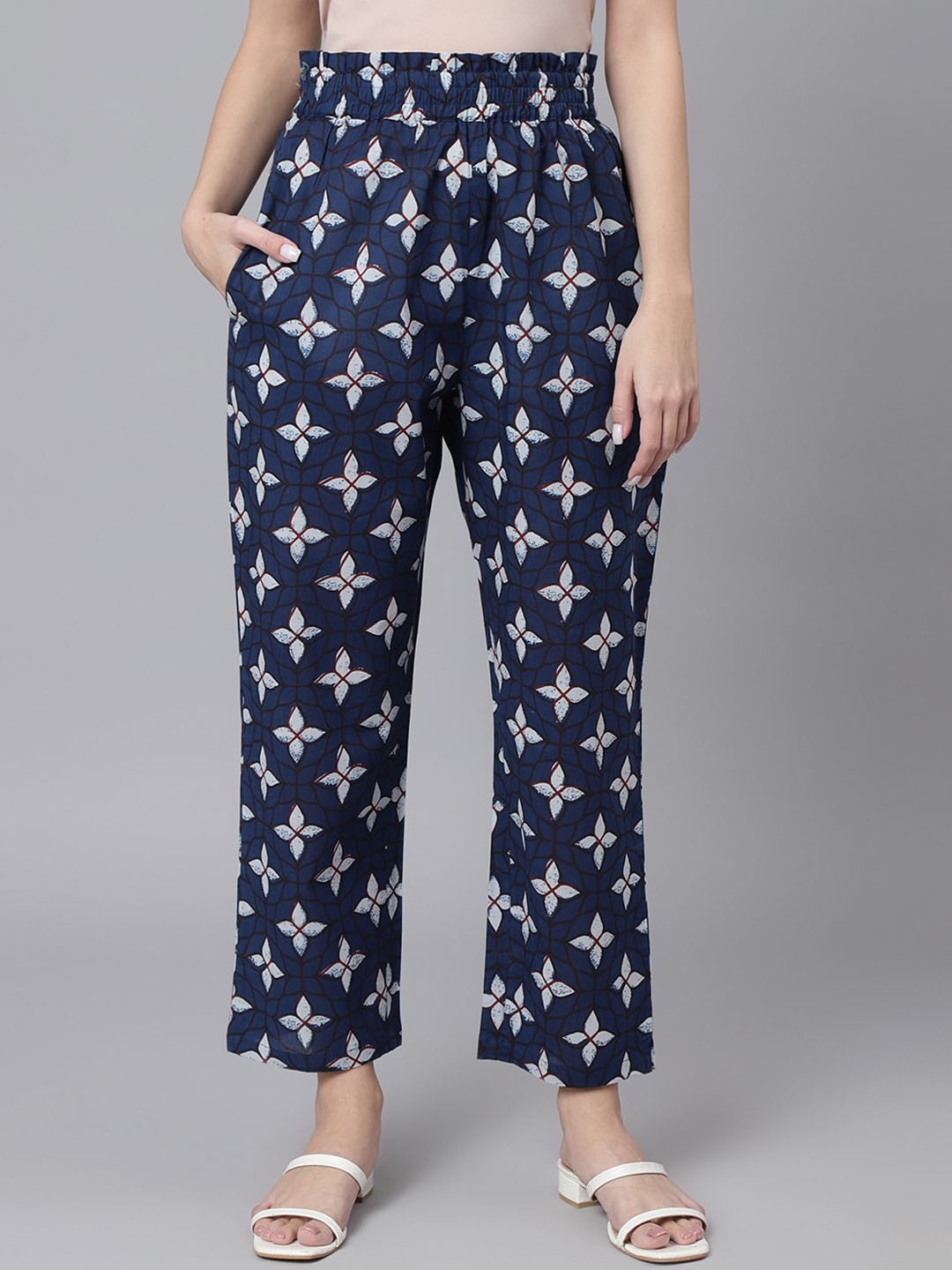 

KALINI Women Floral Printed Relaxed Fit Easy Wash Cotton Trousers, Blue