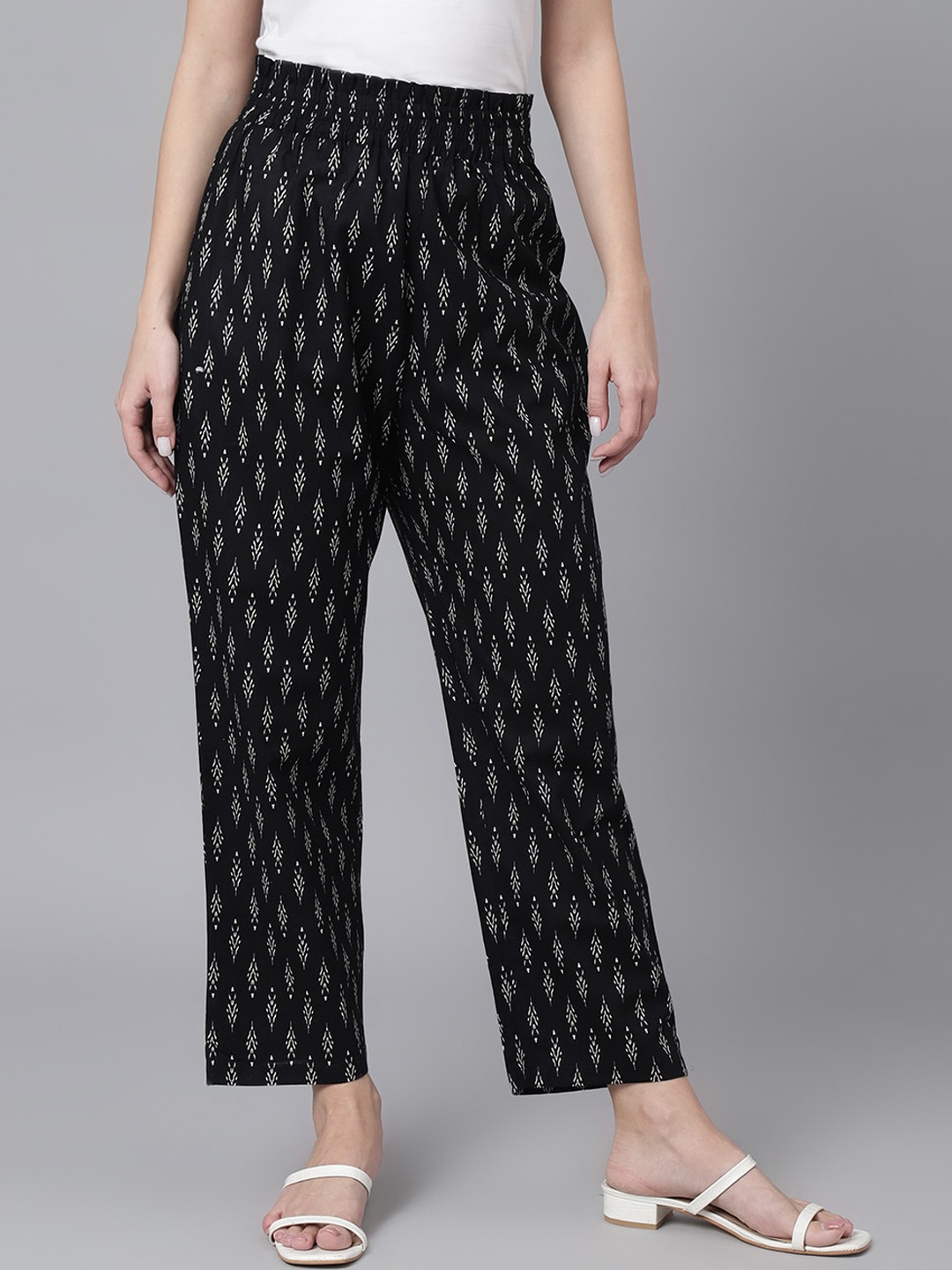 

KALINI Women Ethnic Motifs Printed Relaxed Easy Wash Parallel Cotton Trousers, Black
