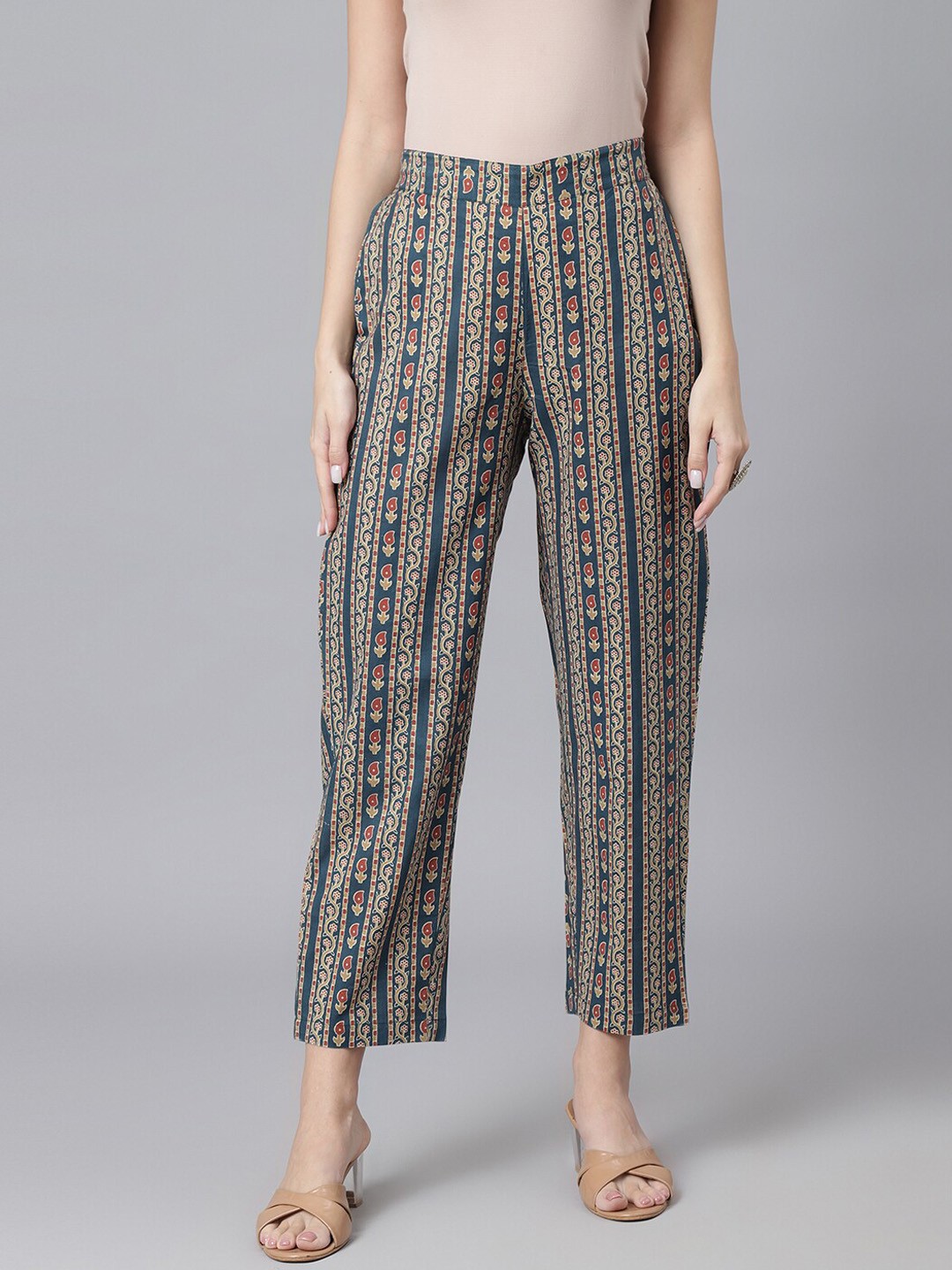 

KALINI Women Ethnic Motifs Printed Relaxed Cotton Easy Wash Trousers, Blue