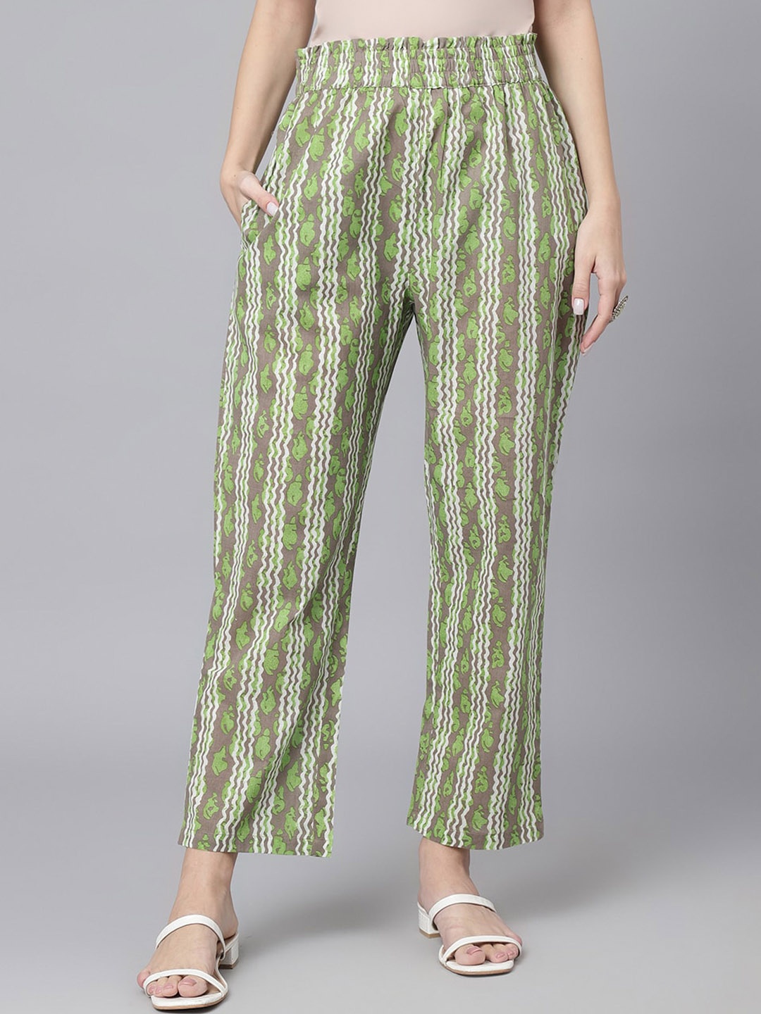 

KALINI Women Abstract Printed Relaxed Cotton Easy Wash Trousers, Green