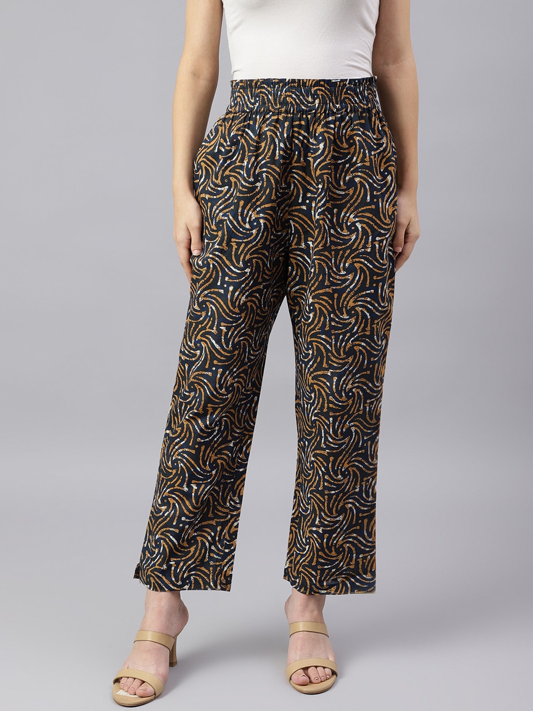 

KALINI Women Abstract Printed Relaxed High-Rise Easy Wash Cotton Parallel Trousers, Navy blue