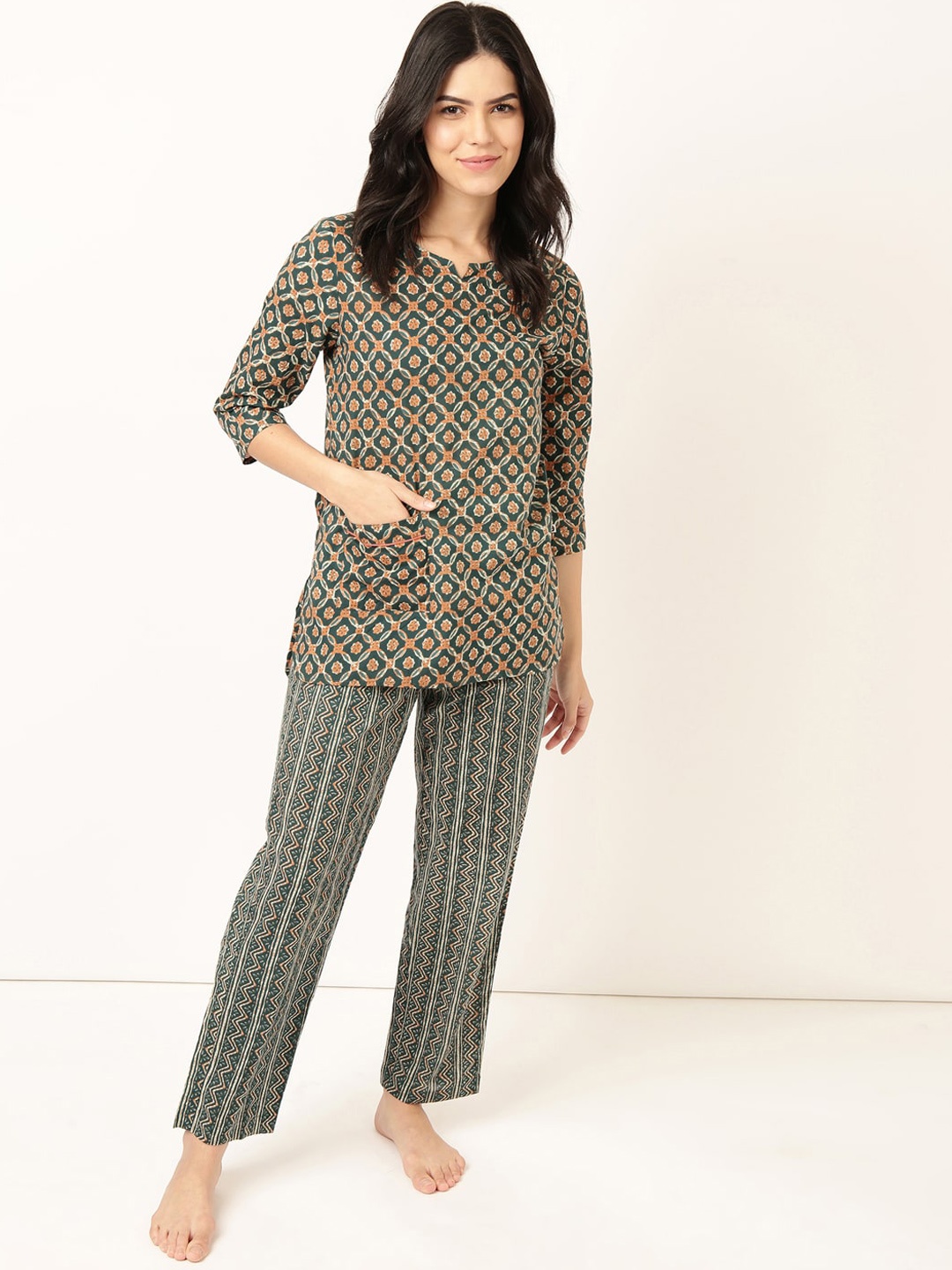 

Bannos Swagger Printed Pure Cotton Night suit, Green