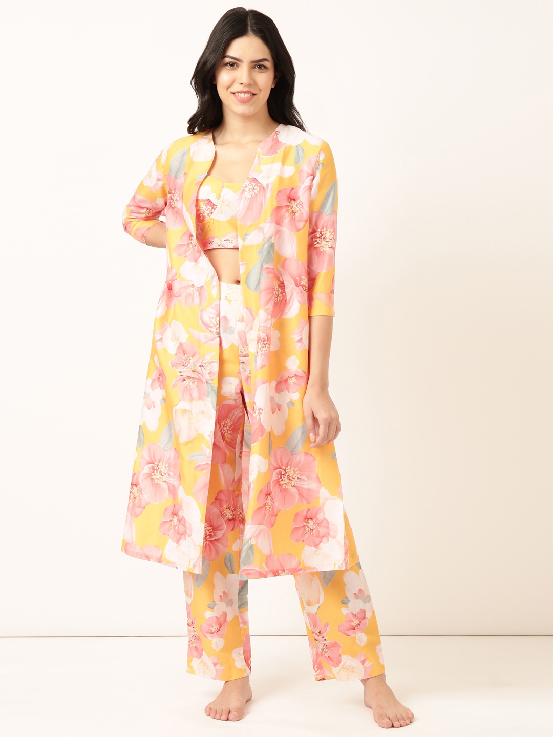 

Bannos Swagger Floral Printed Top With Pyjamas & Shrug, Yellow