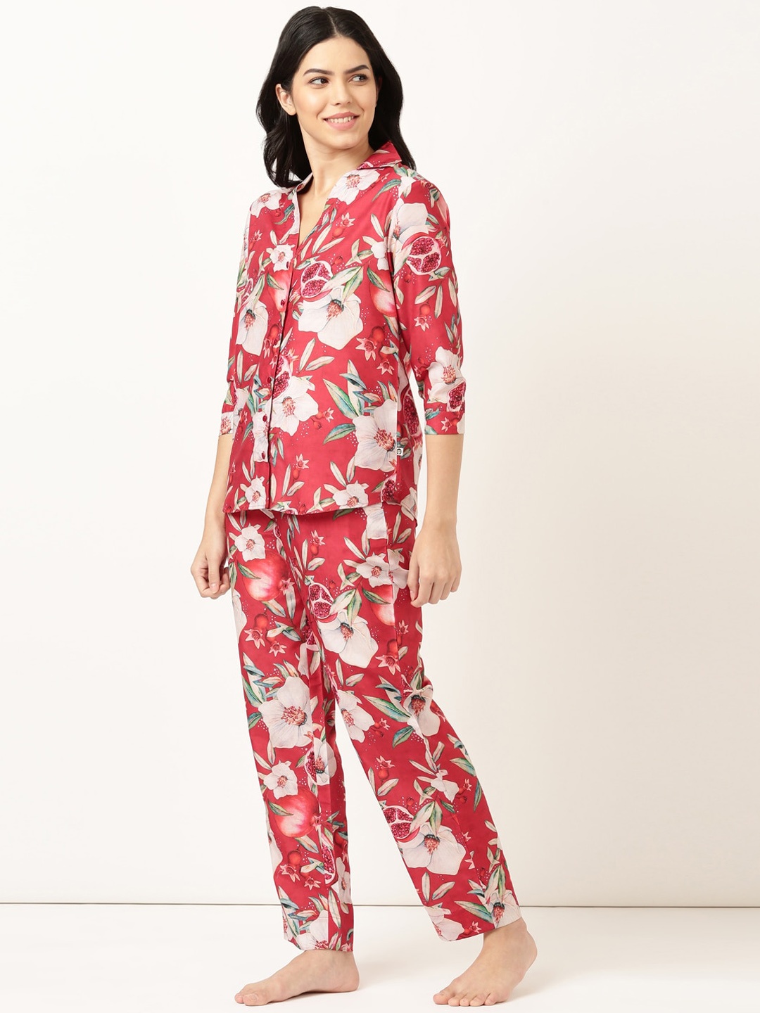 

Bannos Swagger Tropical Printed Night Suit, Red