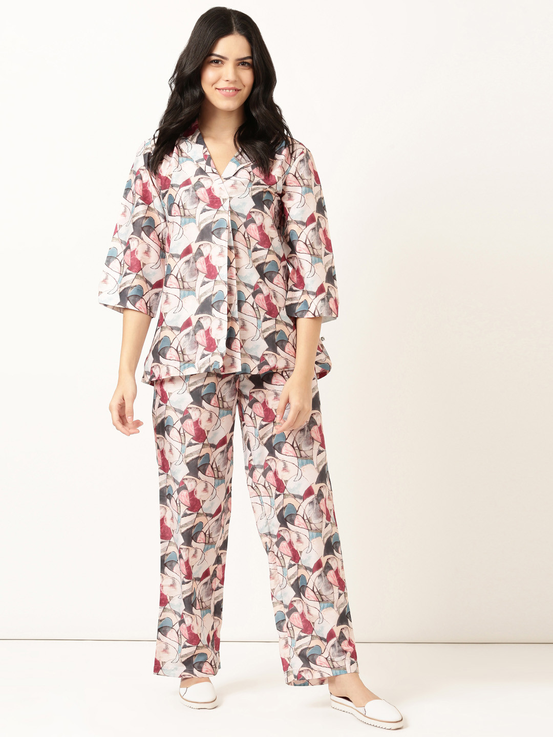 

Bannos Swagger Abstract Printed Shirt Collar Night Suit, Cream