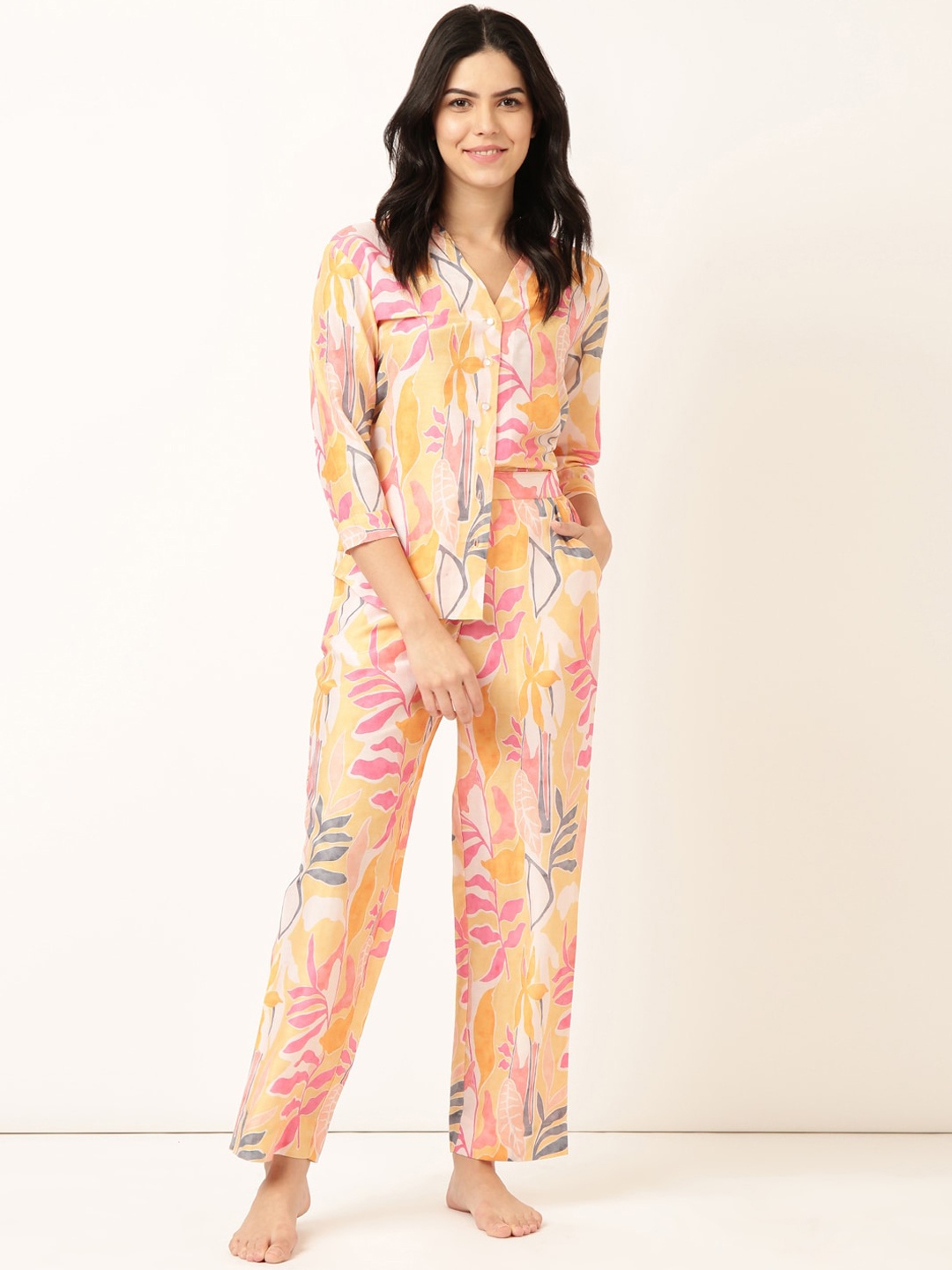 

Bannos Swagger Tropical Printed Night Suit, Yellow