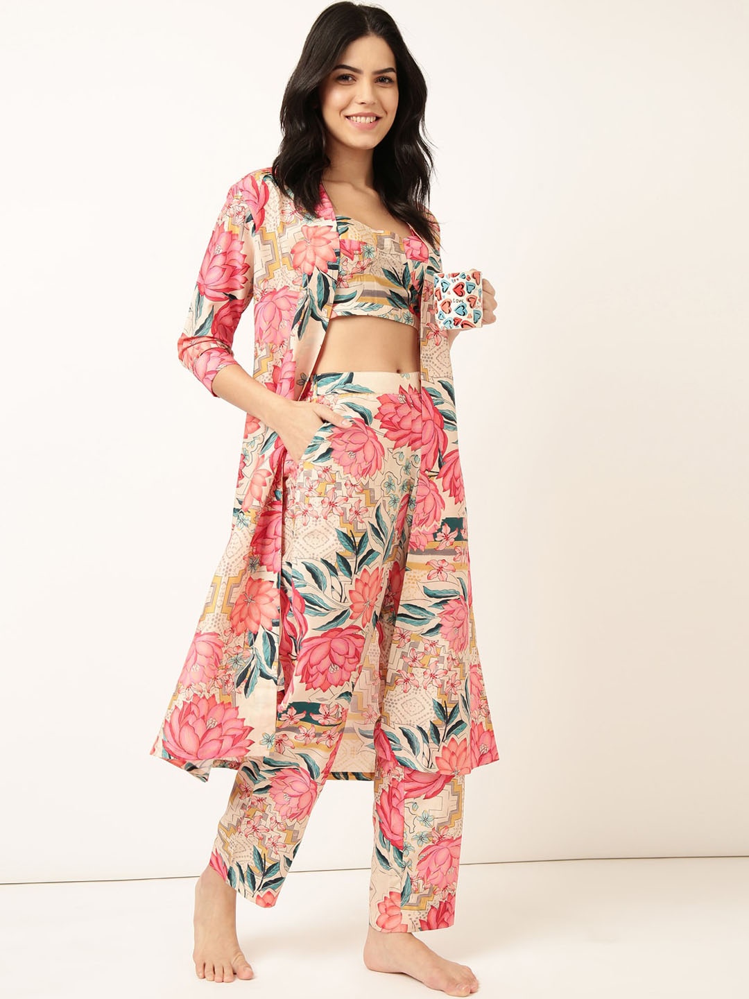 

Bannos Swagger Tropical Printed Night suit, Pink