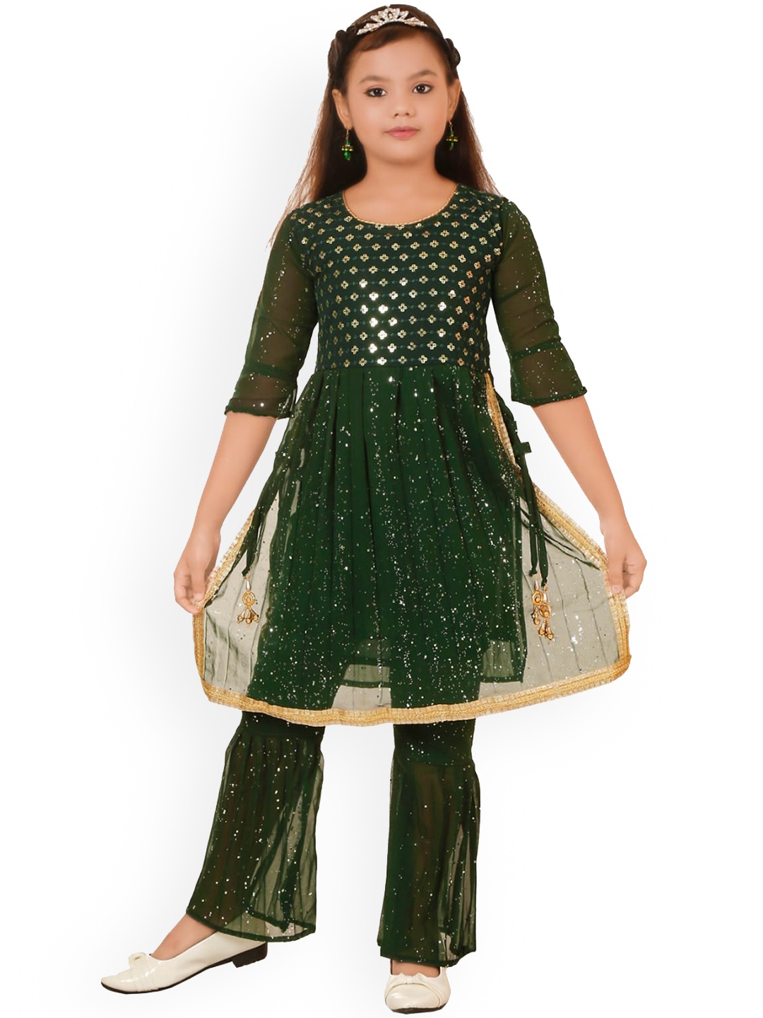 

BAESD Girls Self Design High Slit Sequined Kurta with Sharara, Green