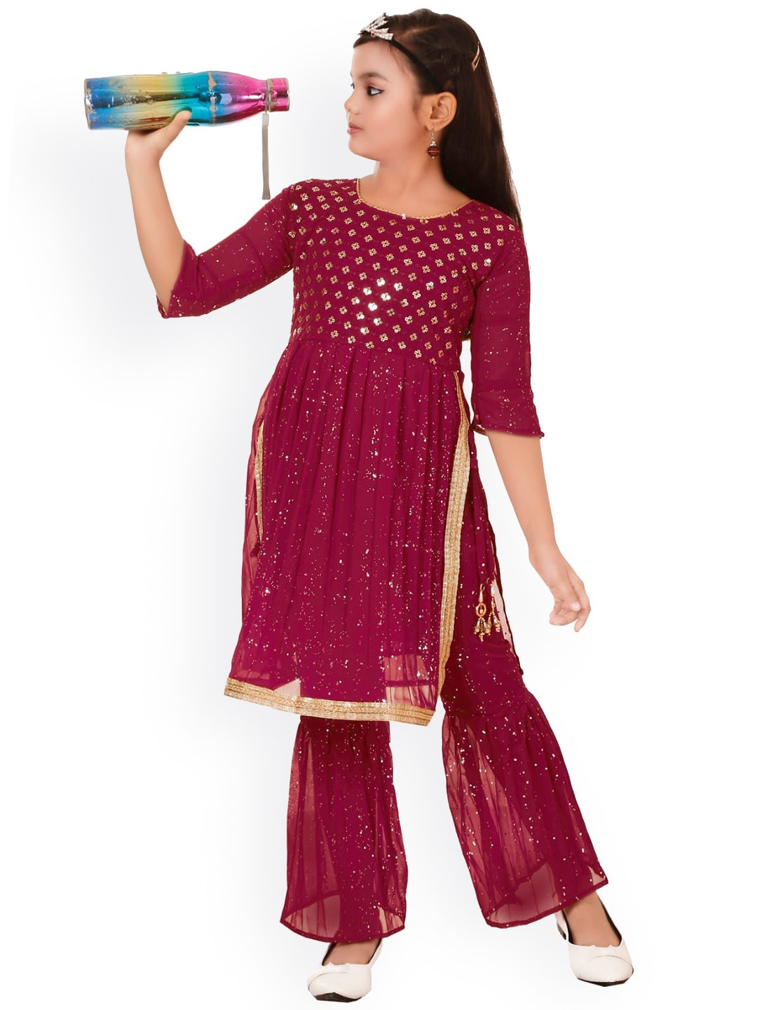 

BAESD Girls Self Design High Slit Sequined Kurta with Sharara, Maroon