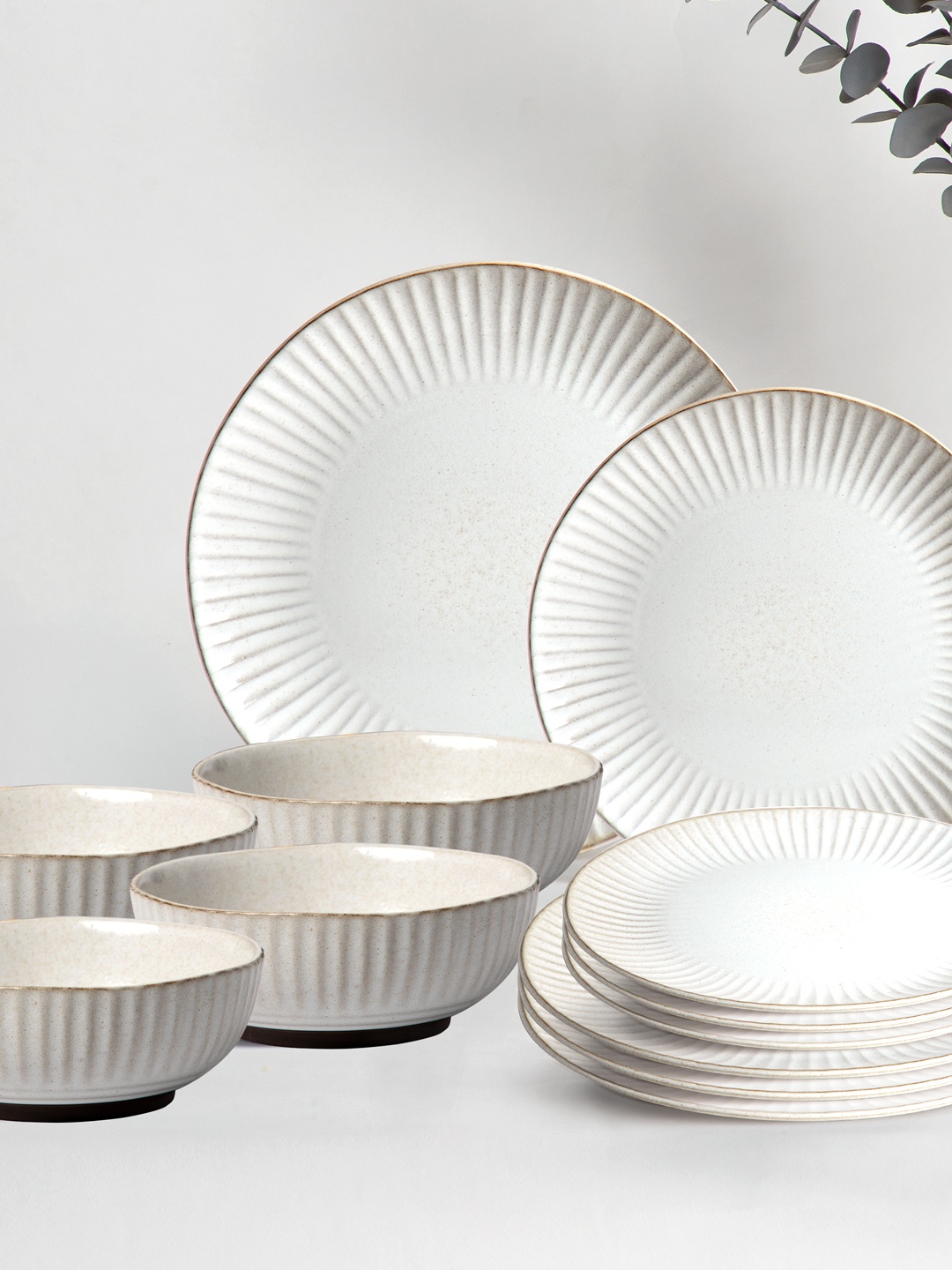 

Anko White & Gold-Toned 12 Pieces Textured Stoneware Glossy Dinner Set