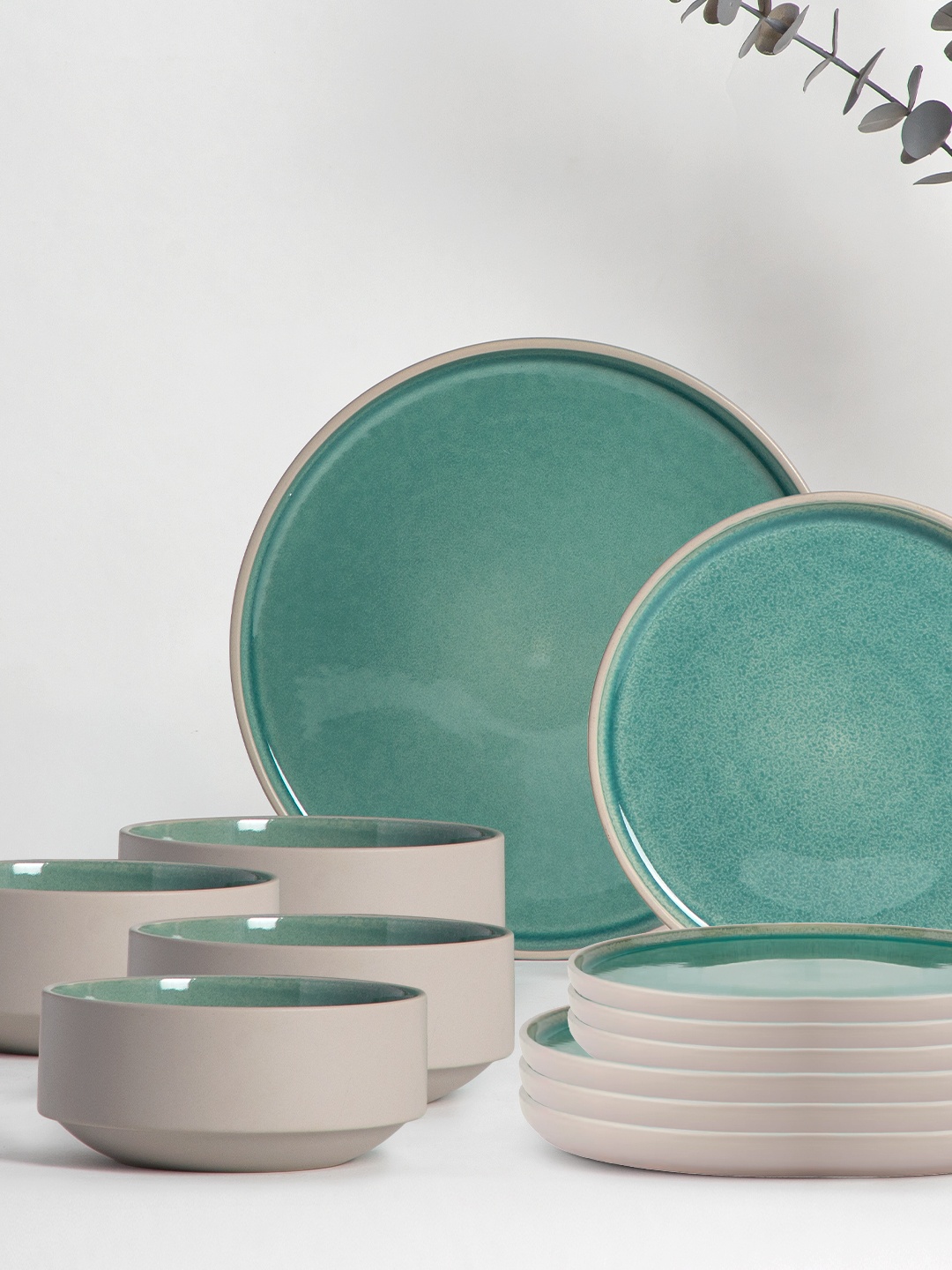 

Anko Green & Beige 12 Pieces Stoneware Glossy Dinner Set