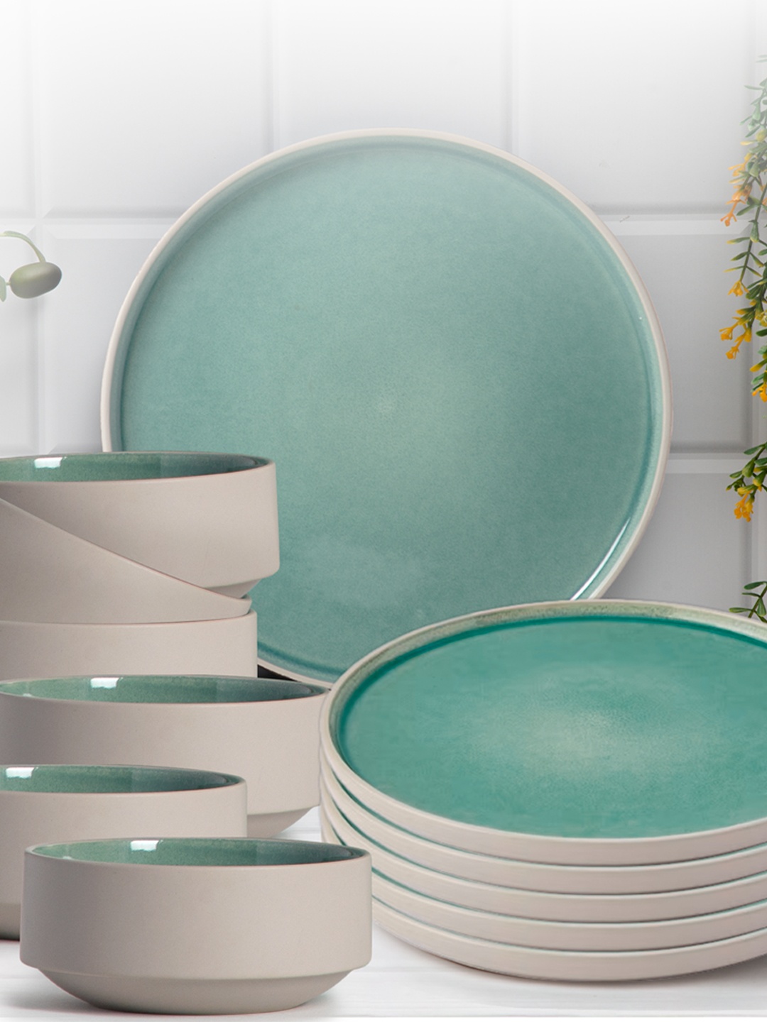 

Anko Green & Beige 12 Pieces Stoneware Glossy Dinner Set