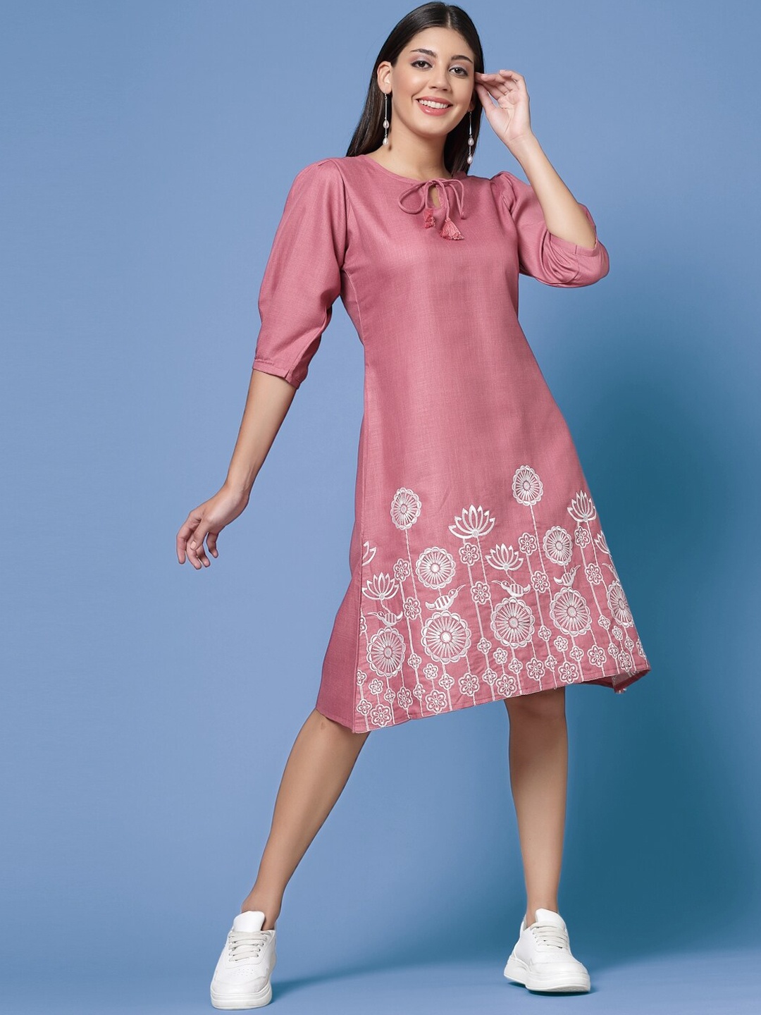 

KALINI Floral Embroidered Tie-Up Neck Puff Sleeves A-line Dress, Pink