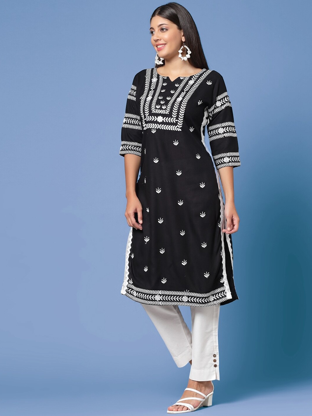 

KALINI Ethnic Motifs Embroidered Cotton Straight Kurta, Black
