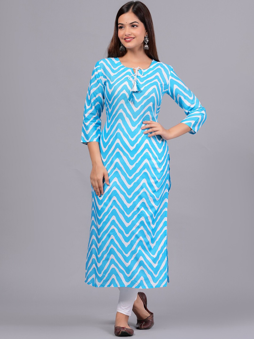 

Bachuu Chevron Printed Straight Pure Cotton Kurta, Turquoise blue