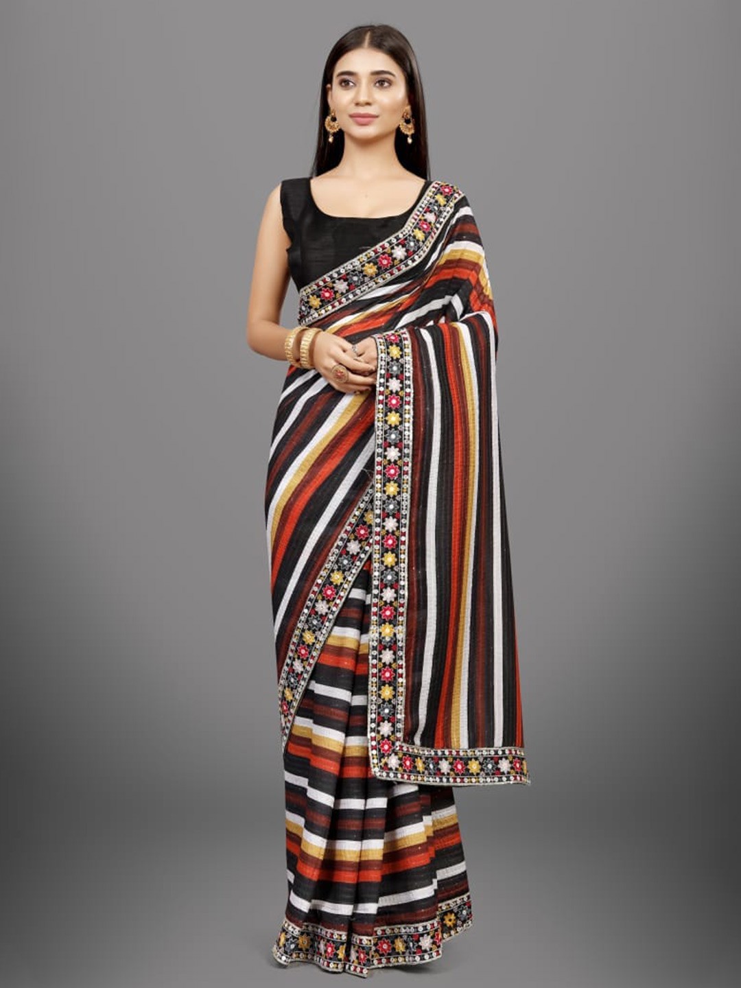 

Munir Striped Embroidered Saree, Black