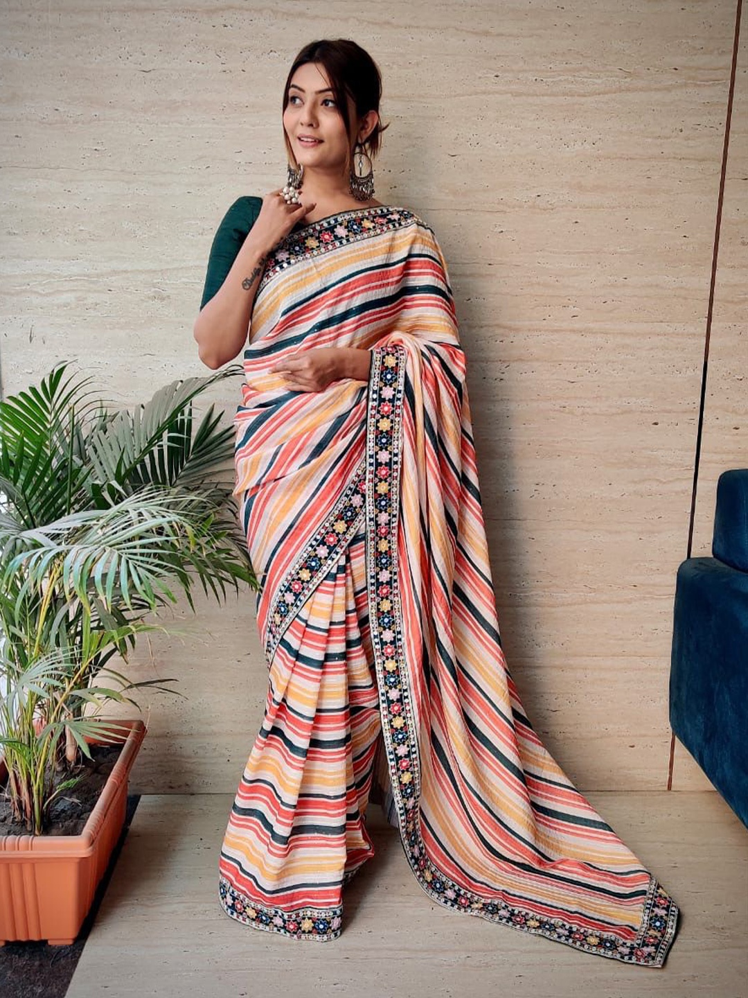 

Munir Striped Embroidered Vichitra Silk Saree, Green