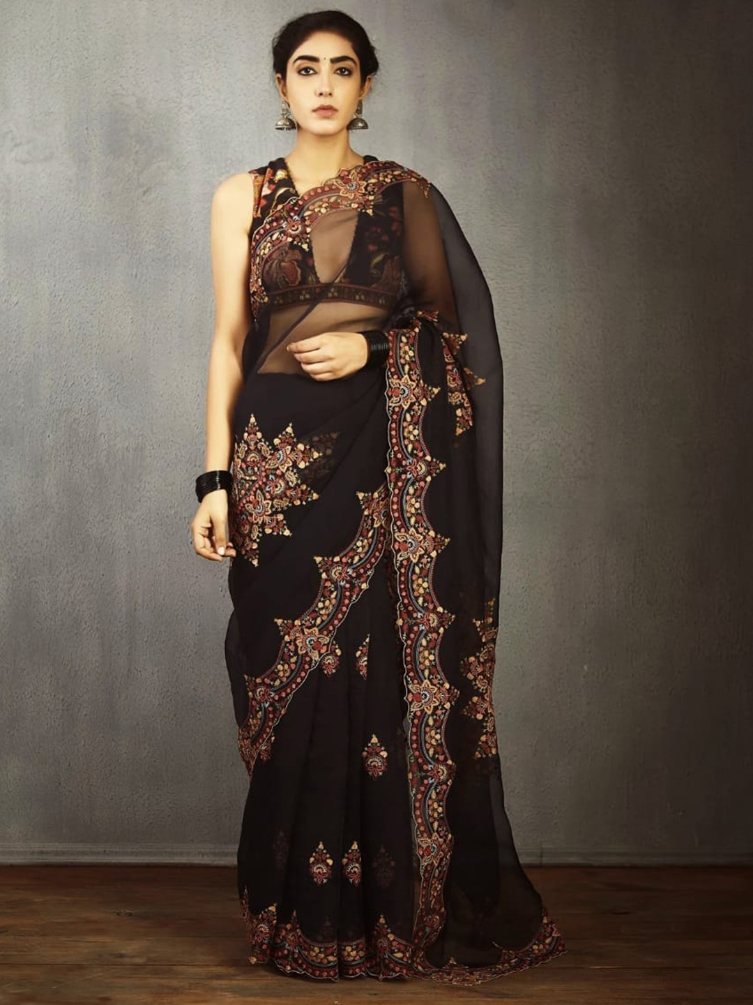 

Munir Ethnic Motifs Embroidered Semi Sheer Aari Organza Silk Saree, Black