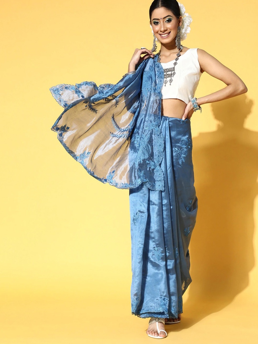 

Munir Floral Embroidered Organza Silk Saree, Blue