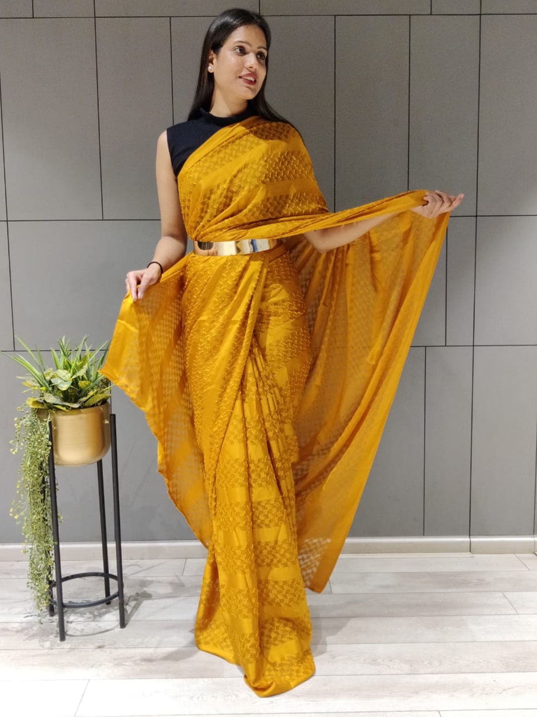 

Munir Yellow & Gold-Toned Woven Design Silk Blend Saree