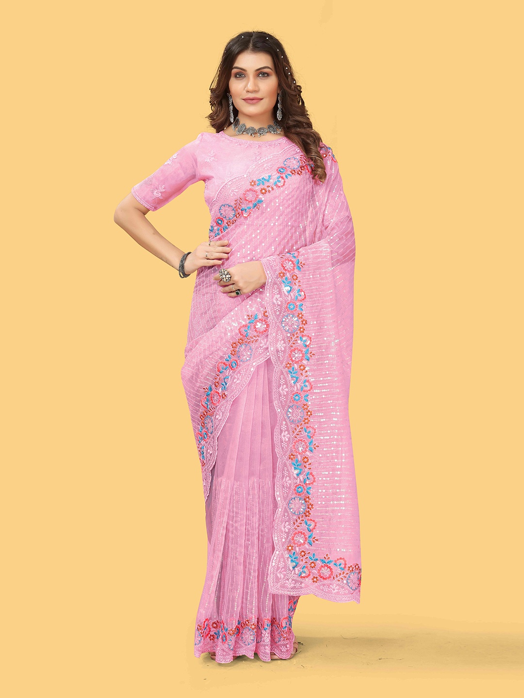 

Munir Floral Embroidered Sequined Organza Silk Saree, Pink