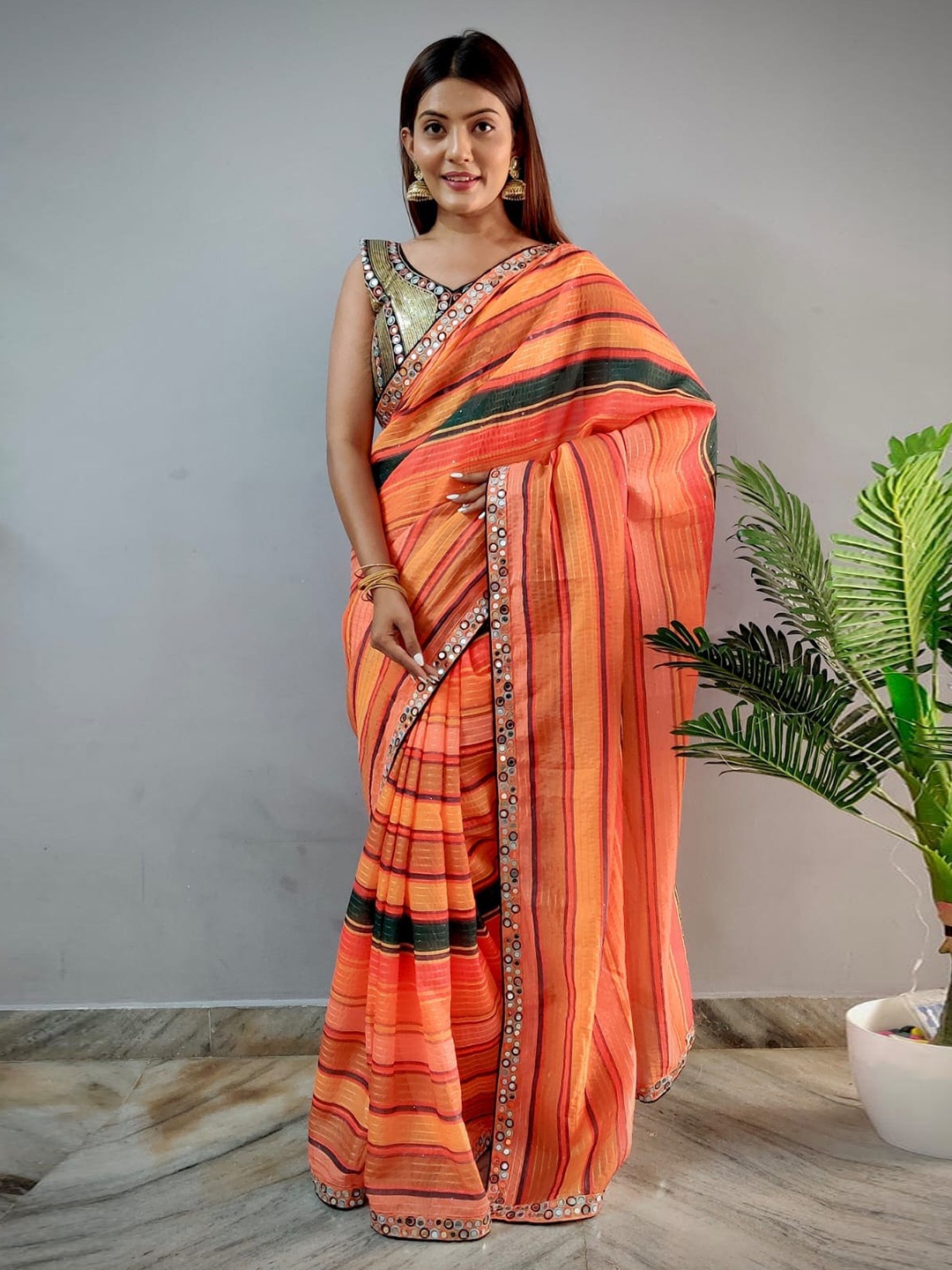 

Munir Striped Mirror Work Saree, Orange