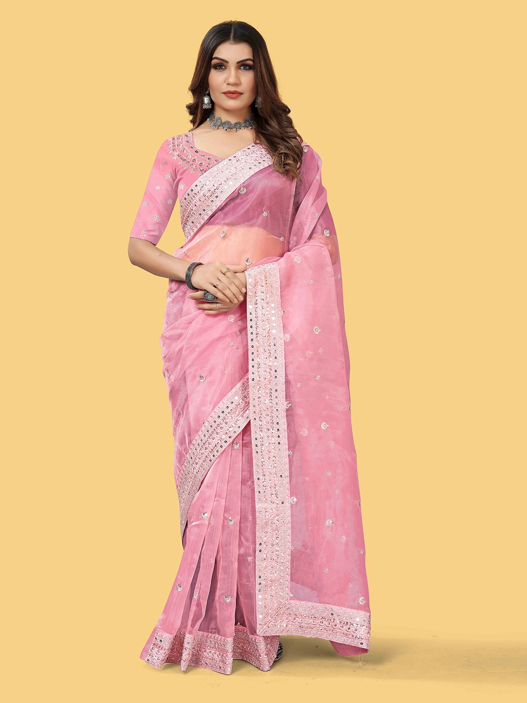 

Munir Ethnic Motifs Embroidered Organza Saree, Pink