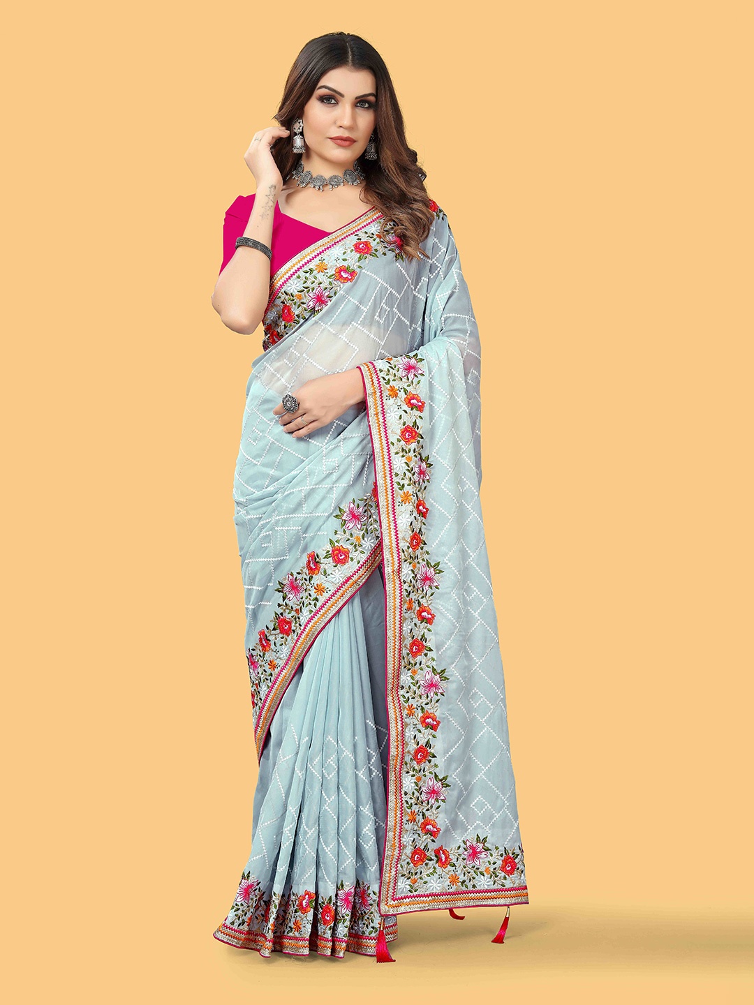 

Munir Floral Embroidered Organza Saree, Grey