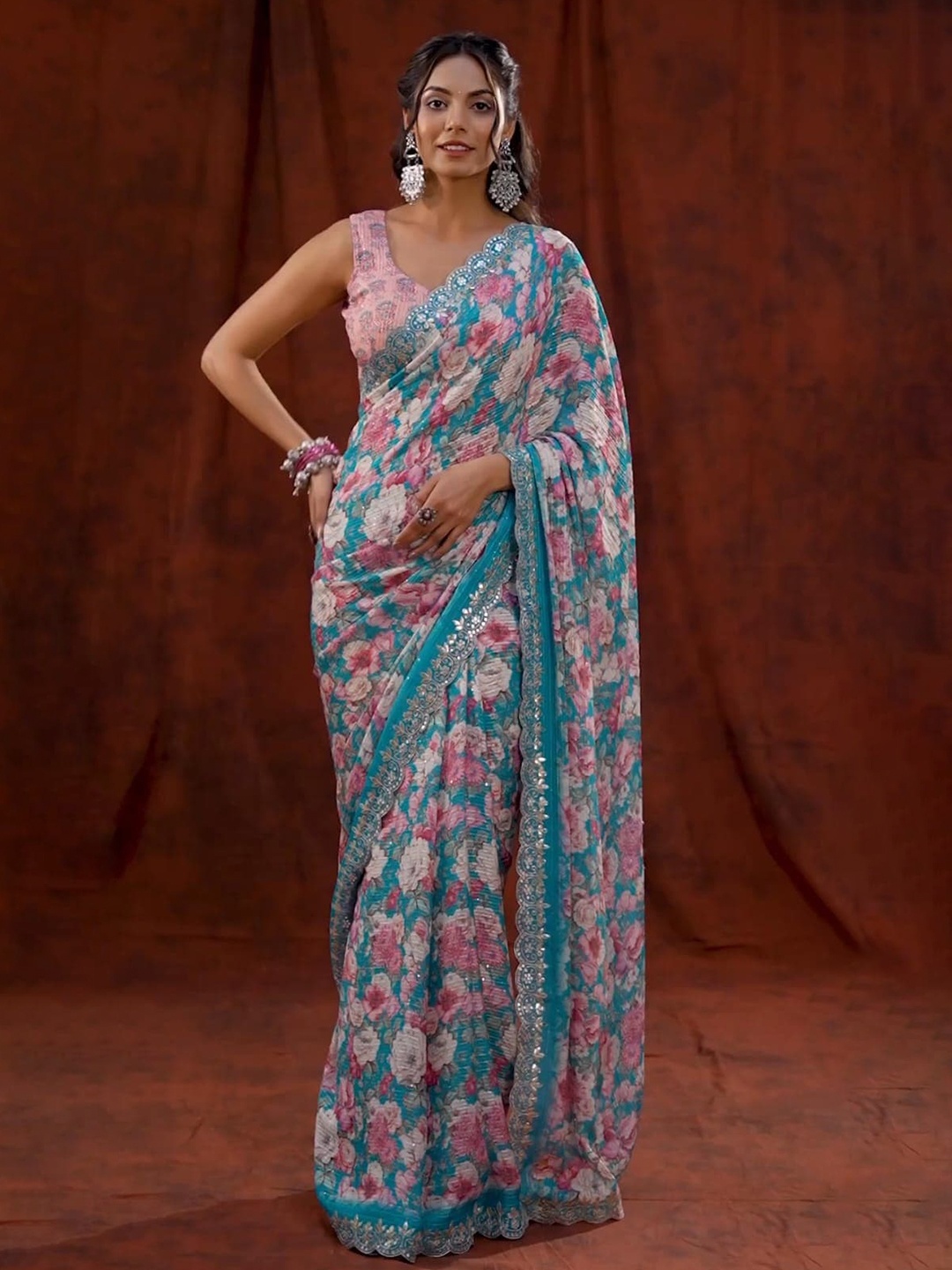

Munir Blue & Pink Floral Printed Embroidered Saree