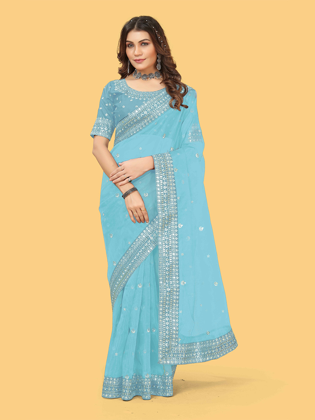 

Munir Sequins Embroidered Organza Saree, Blue