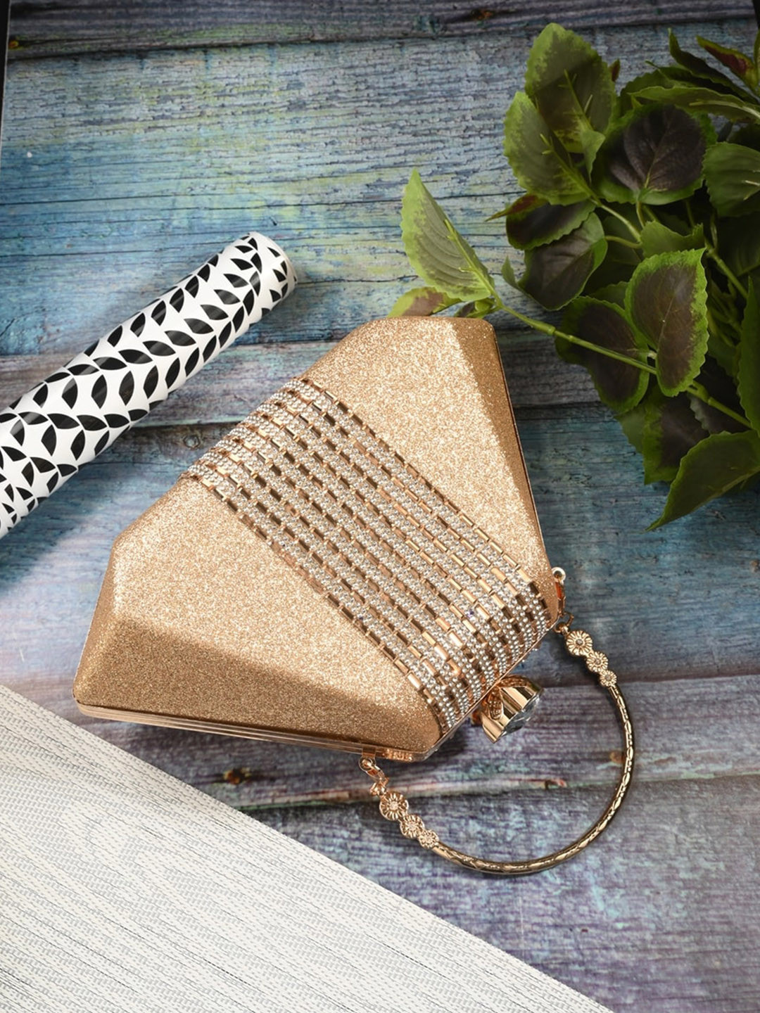 

Toobacraft Embellished Box Clutch, Gold