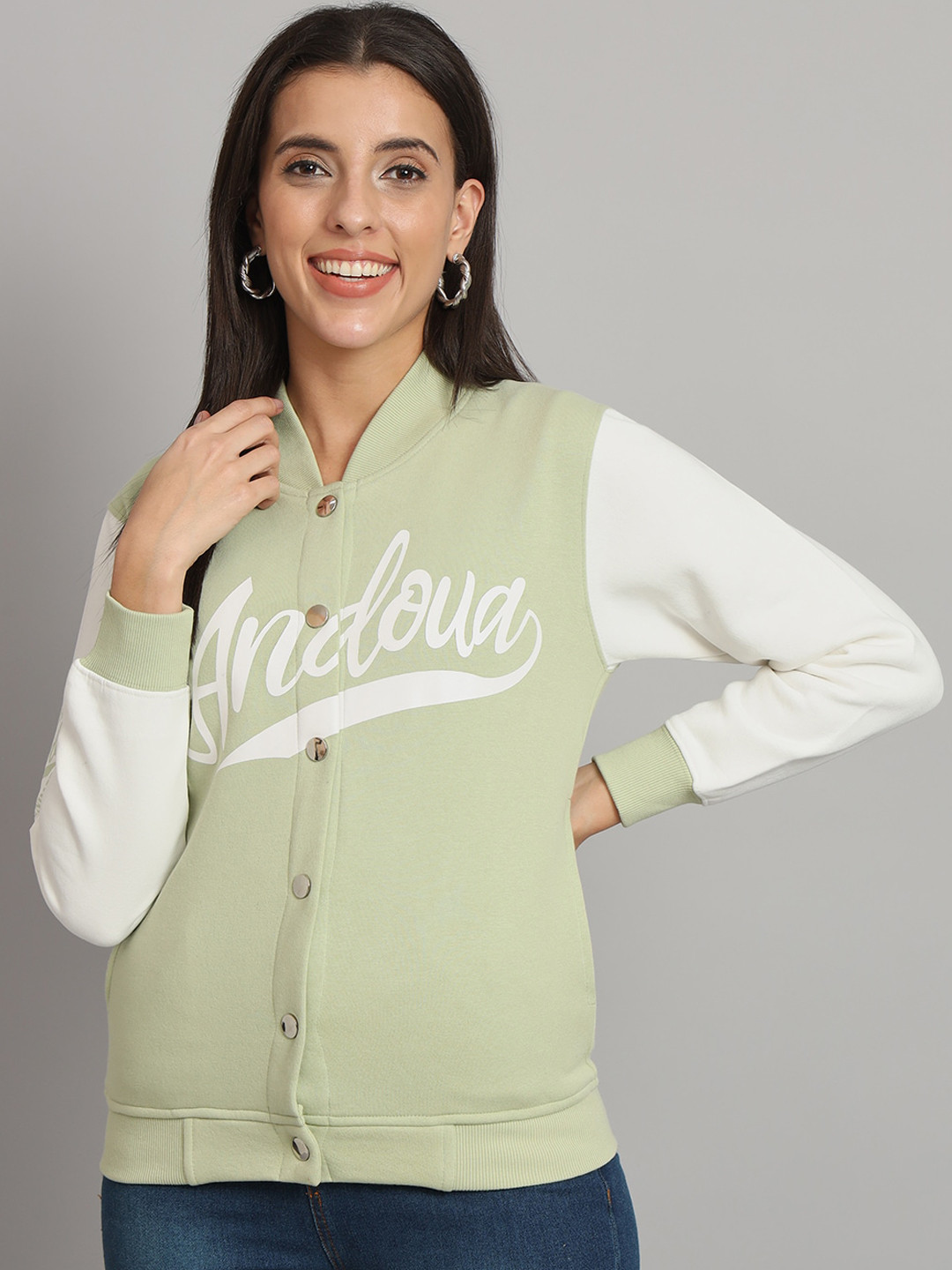 

ANTI CULTURE Typography Printed Fleece Front Open Sweatshirt, Sea green