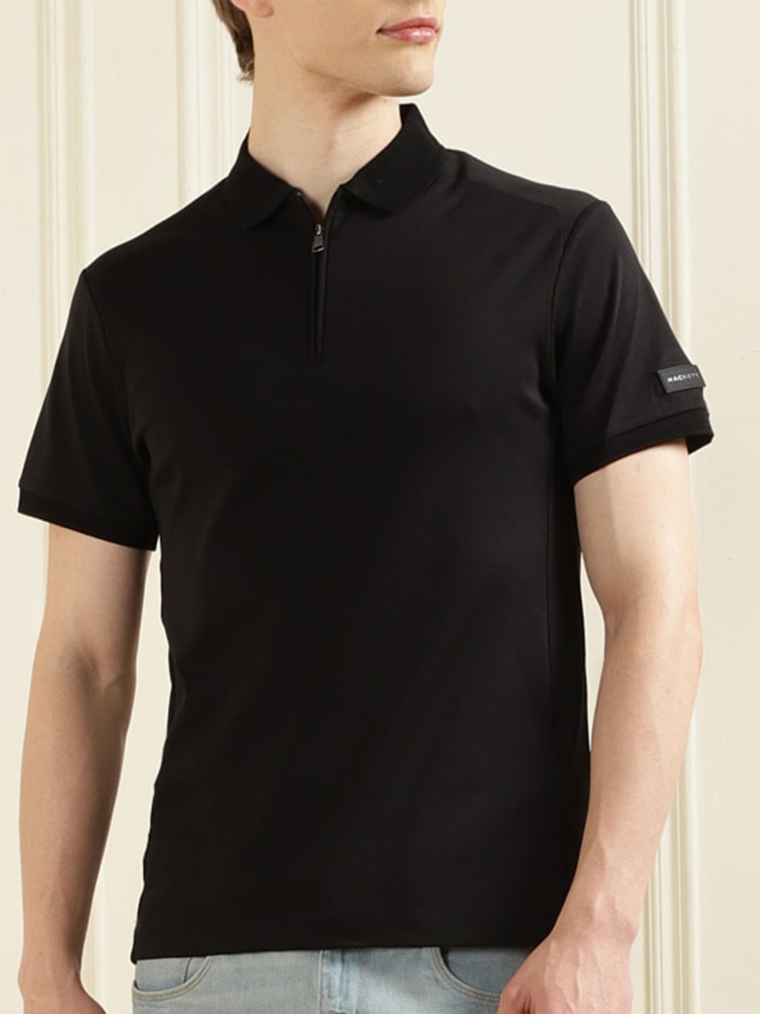 

HACKETT LONDON Regular Fit Polo Collar Short Sleeve Half-Zip Cotton T-Shirt, Black