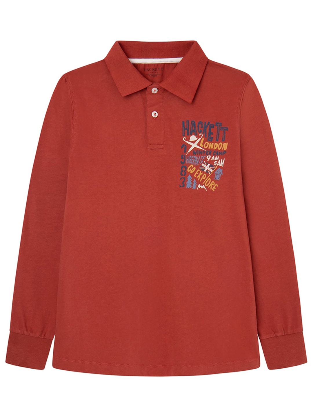 

HACKETT LONDON Boys Typography Printed Polo Collar Long Sleeve Embroidered Cotton T-Shirt, Red