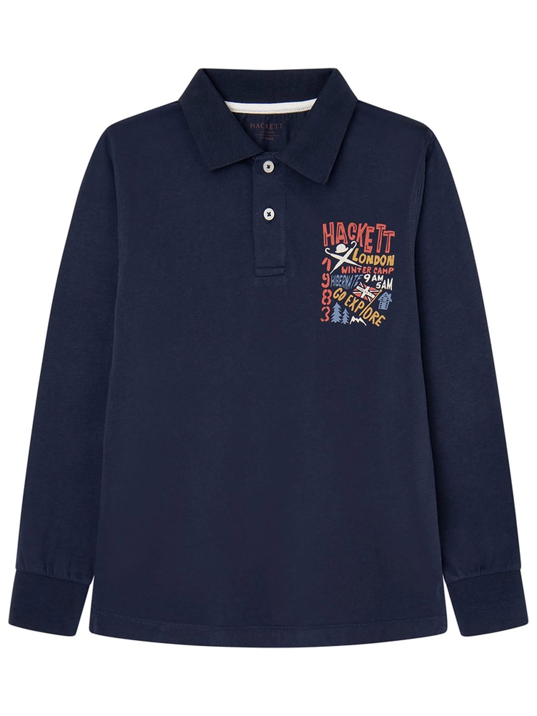 

HACKETT LONDON Boys Typography Printed Polo Collar Long Sleeve Embroidered Cotton T-Shirt, Navy blue