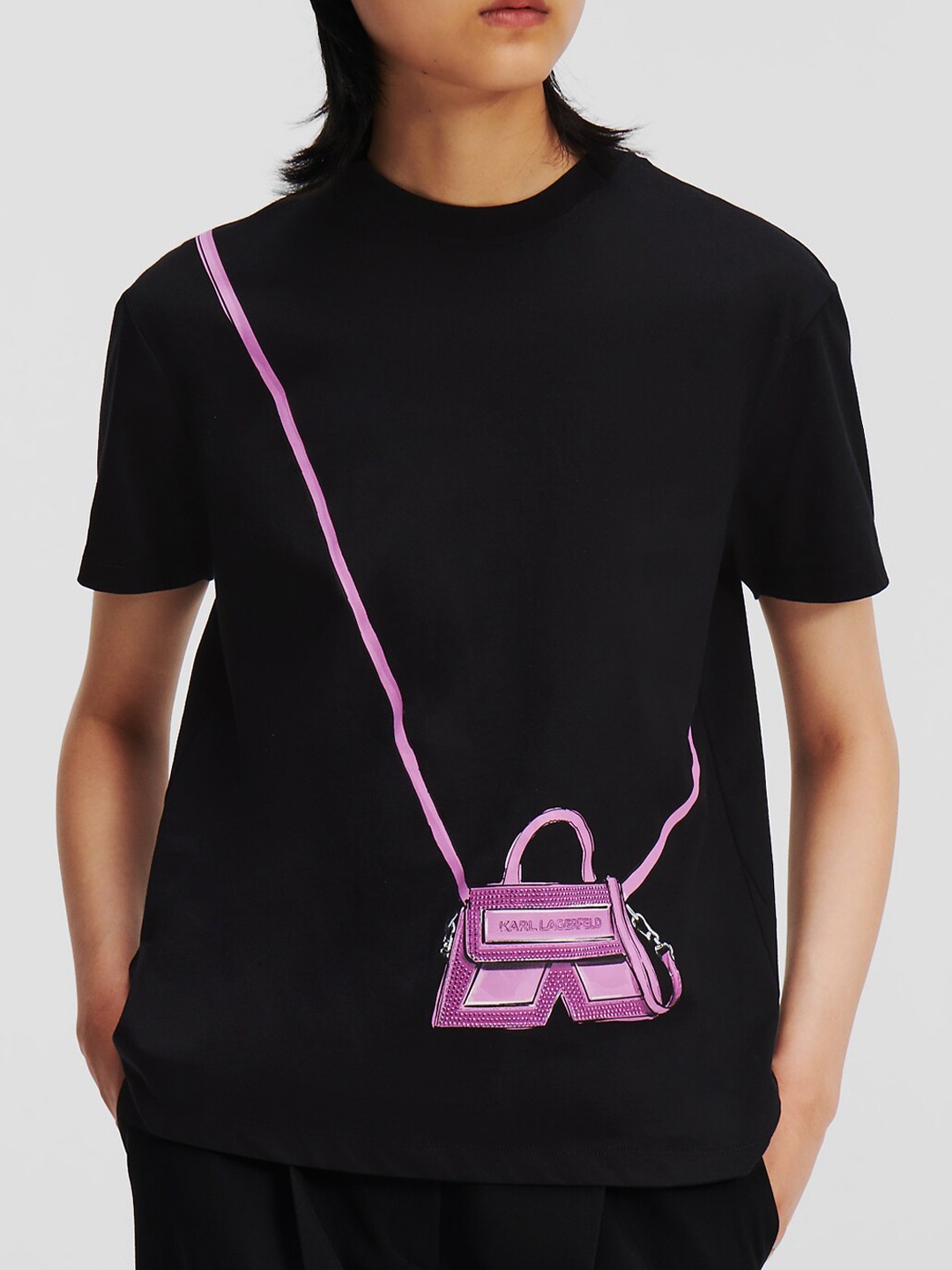 

Karl Lagerfeld Women Black V-Neck Pockets T-shirt