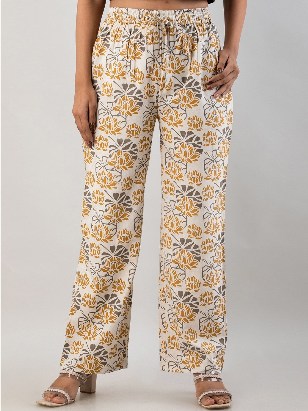 

MAUKA Women Floral Printed Palazzos, Cream