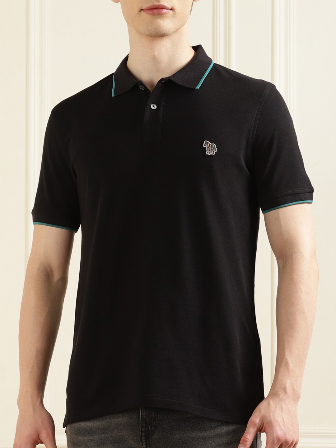 

PS By Paul Smith Polo Collar Mandarin Collar Slim Fit Organic Cotton Casual T-shirt, Black