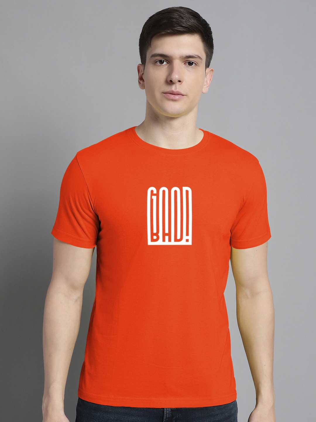 

FBAR Typography Printed Round Neck Bio Wash Cotton T-shirt, Orange