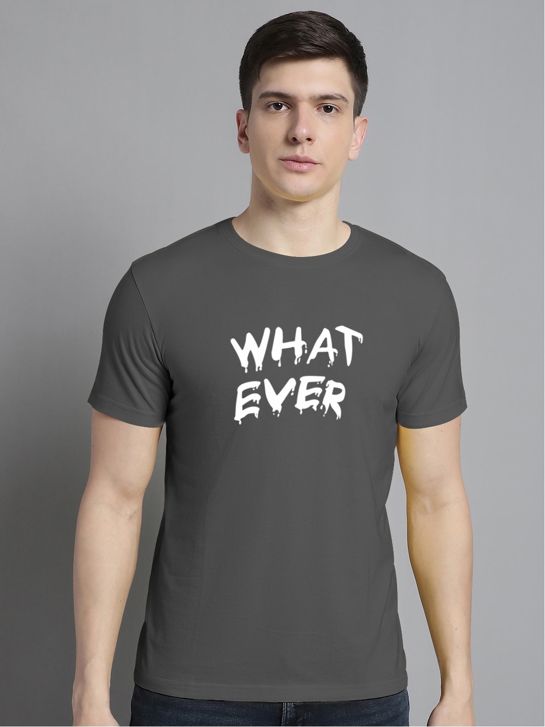 

FBAR Typography Printed Round Neck Bio Wash Cotton T-shirt, Grey