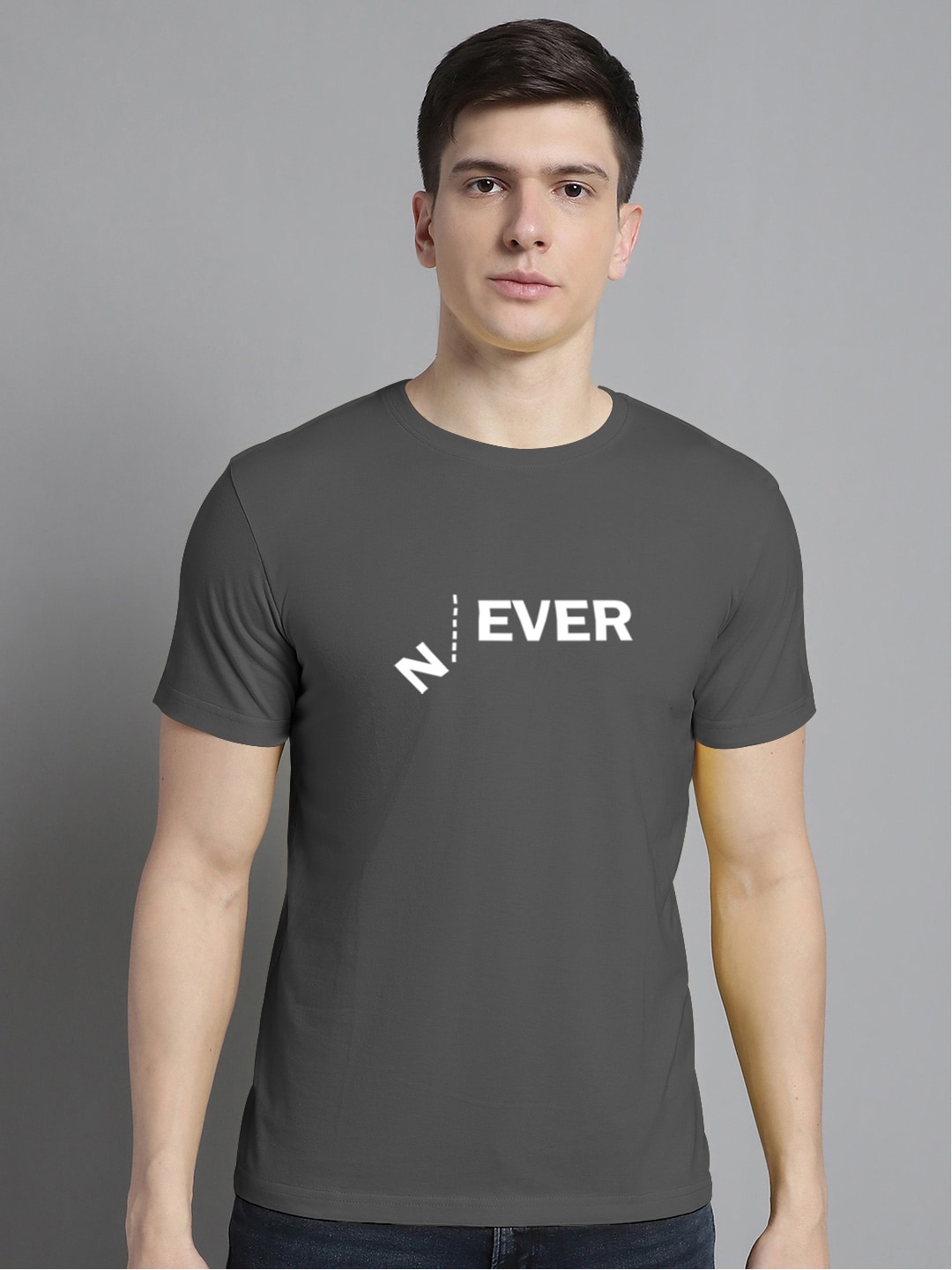 

FBAR Typography Printed Round Neck Bio Wash Cotton T-shirt, Grey