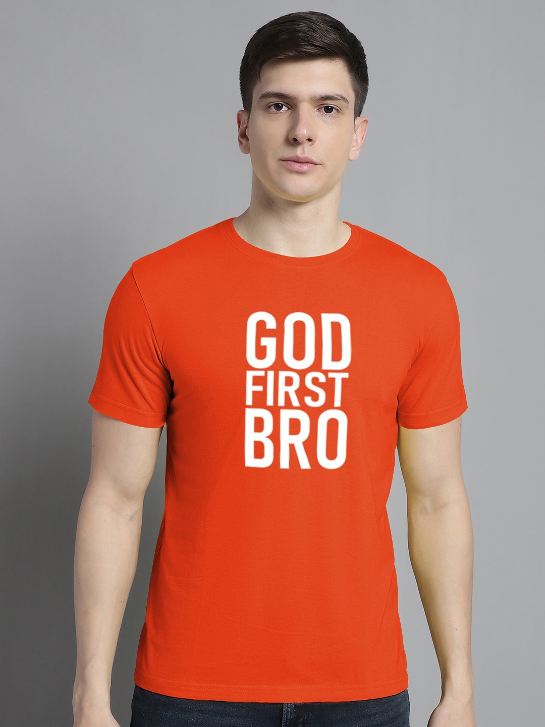 

FBAR Typography Printed Round Neck Bio Wash Cotton T-shirt, Orange