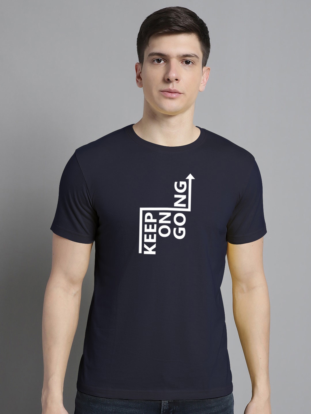 FBAR Typography Printed Round Neck Cotton Regular T-shirt, Navy blue