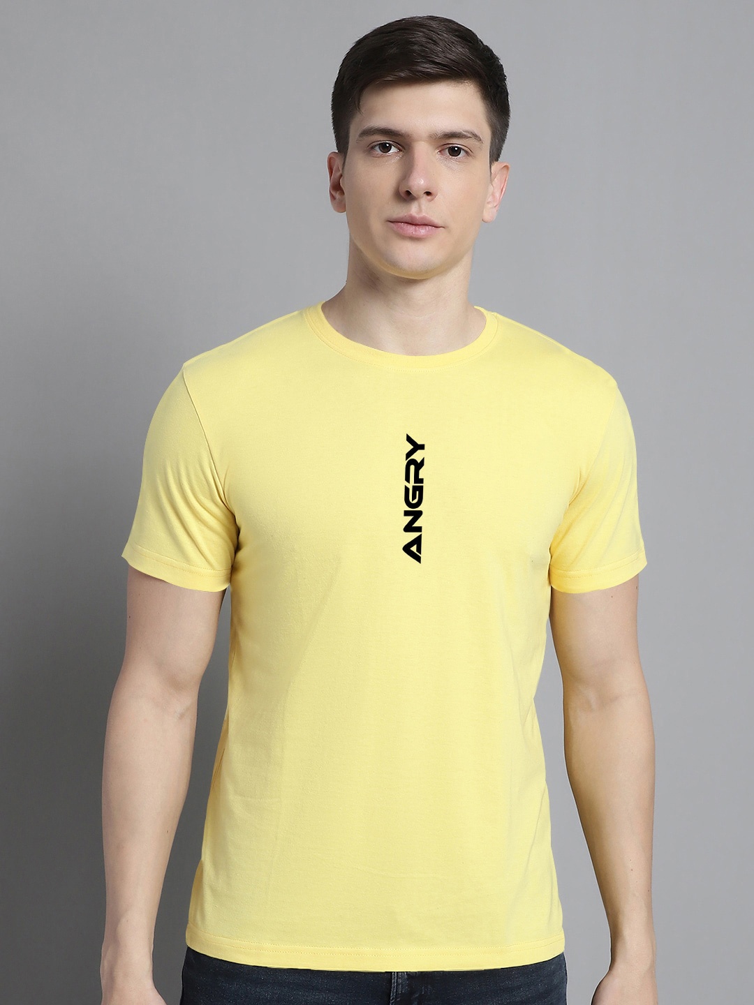 

FBAR Typography Printed Round Neck Bio Wash Cotton T-shirt, Yellow