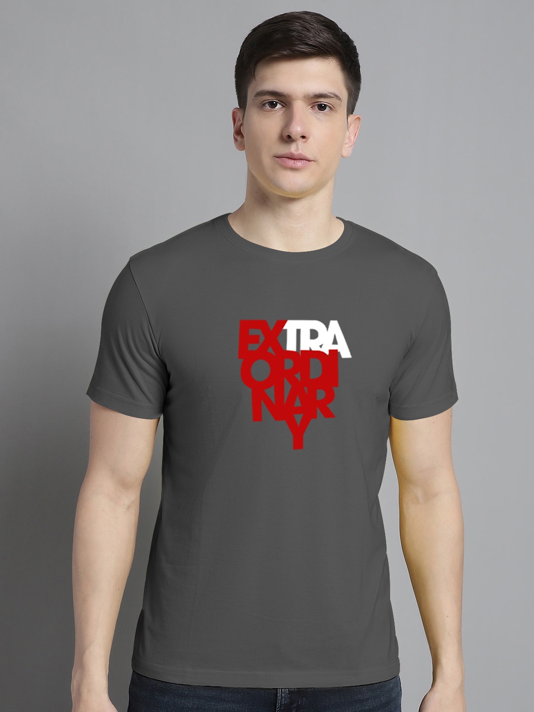 FBAR Typography Printed Round Neck Short Sleeve Cotton T-shirt, Grey